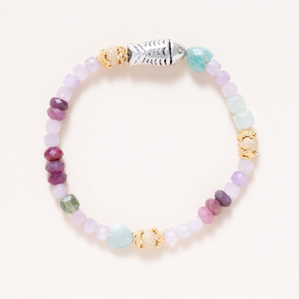 Aquamarine, Amazonite, Kunzite, Ruby, Gold plated Beads with Hill Tribe Silver Fish