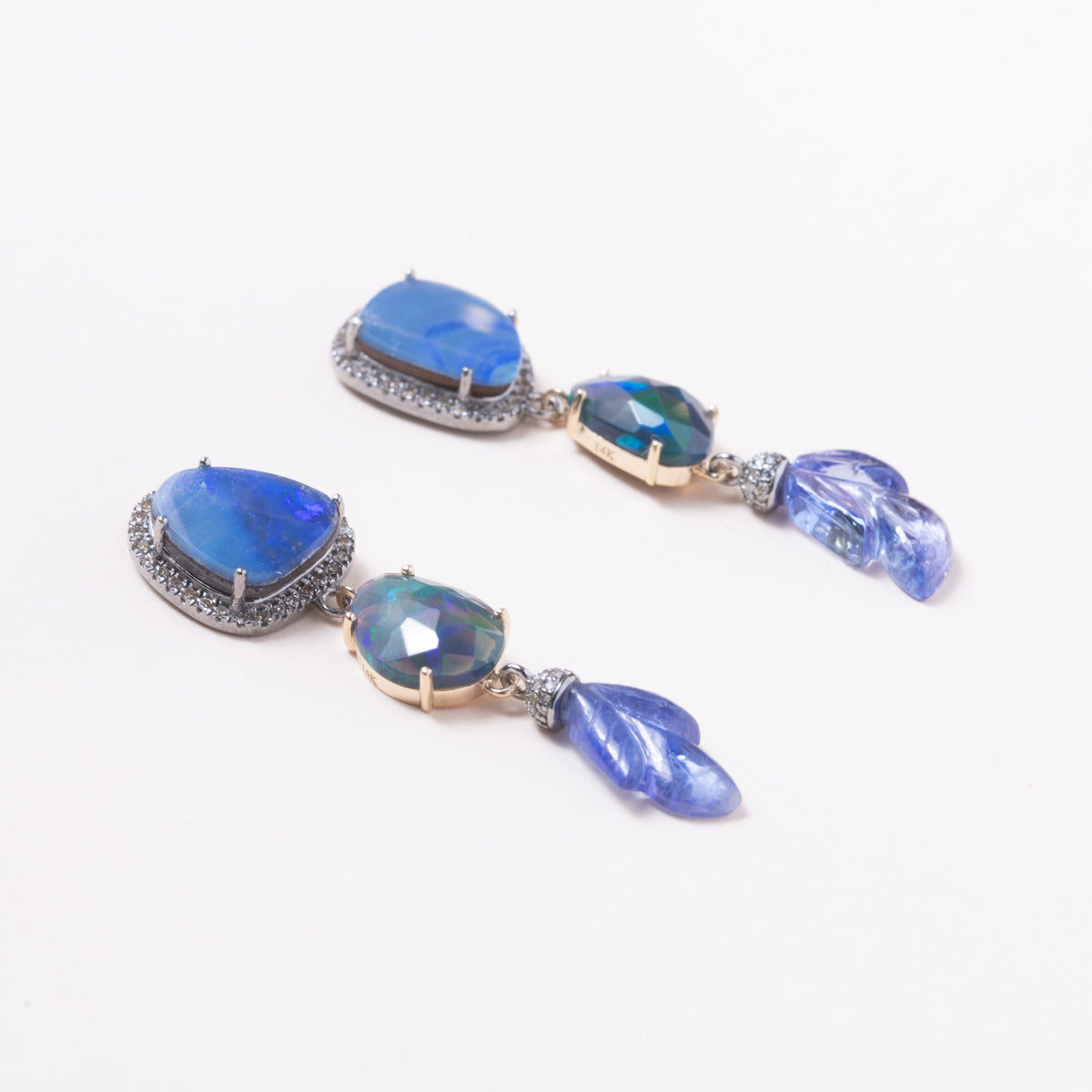 Australian Opal, Black Opal and Carved Tanzanite Earrings