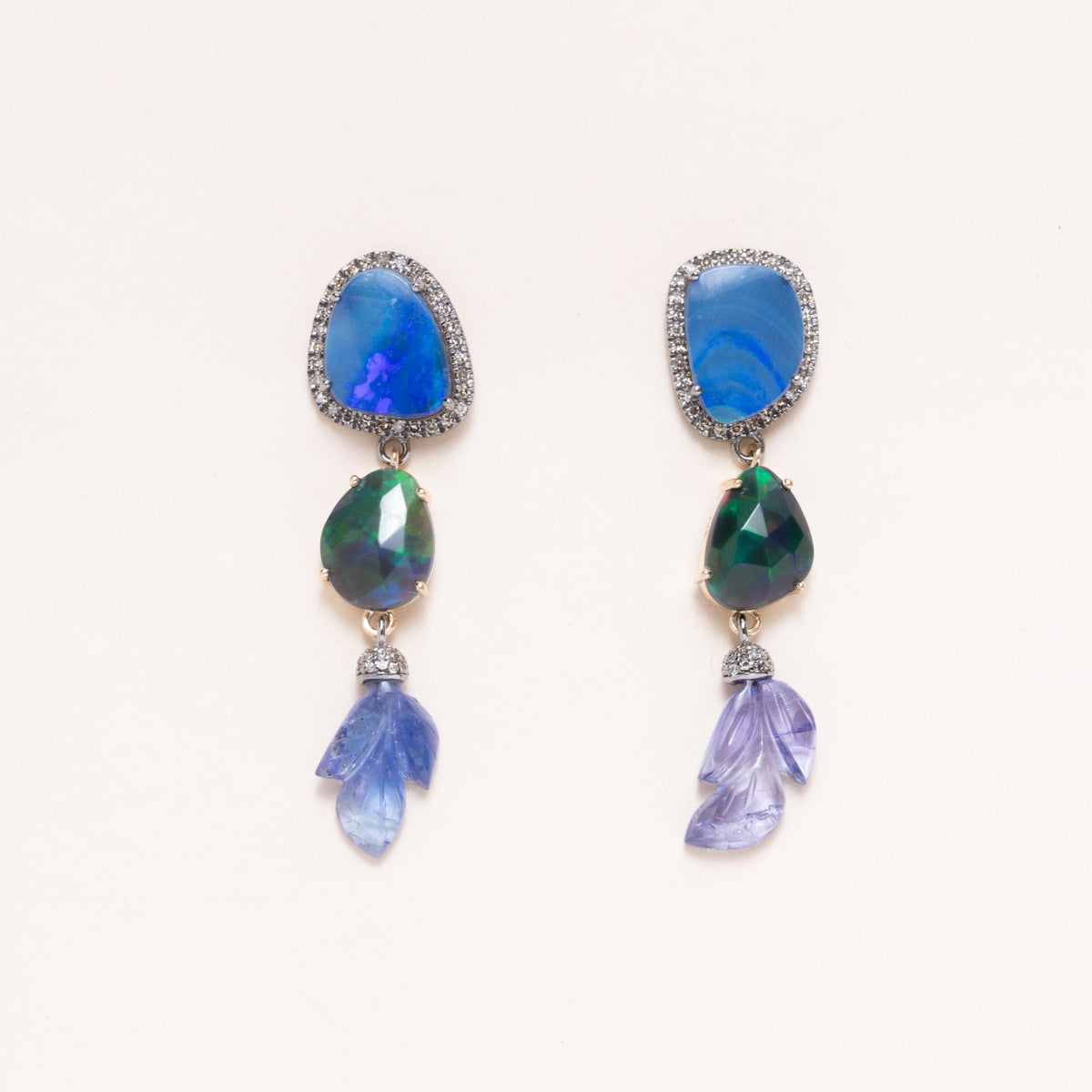 Australian Opal, Black Opal and Carved Tanzanite Earrings