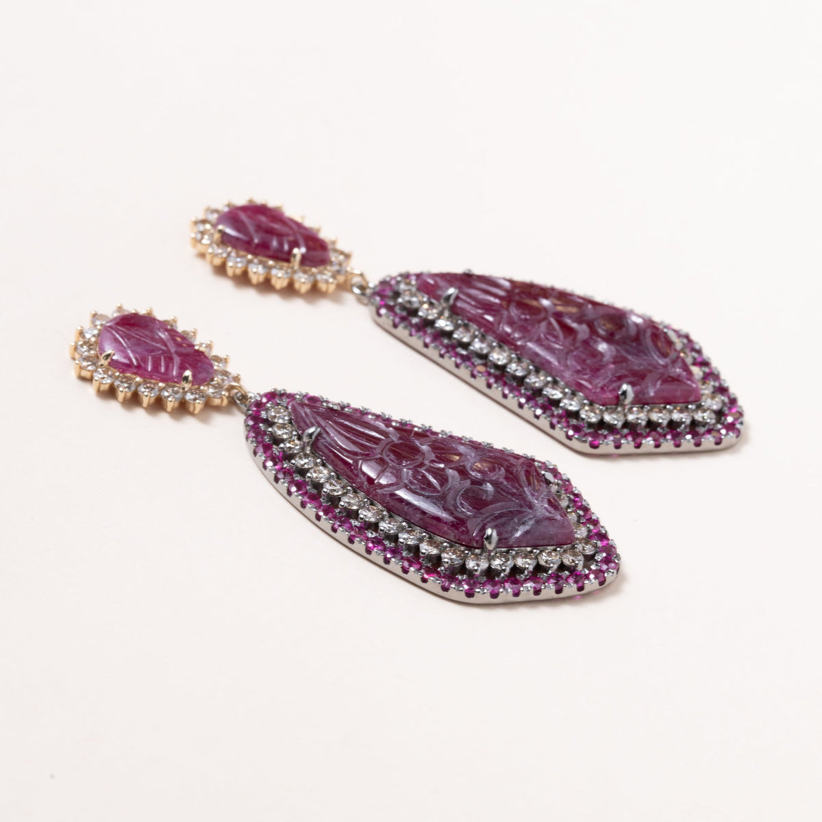 Hand Carved Rubies, Tourmaline and Diamond Earrings
