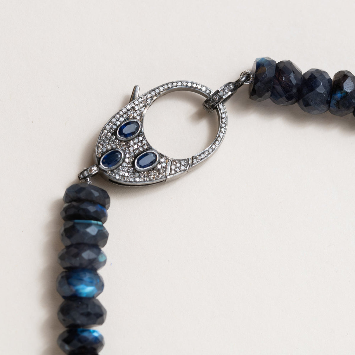 Labradorite Rondelle Necklace with Silver, Pavé Diamond and Sapphire Clasp, 18.5"