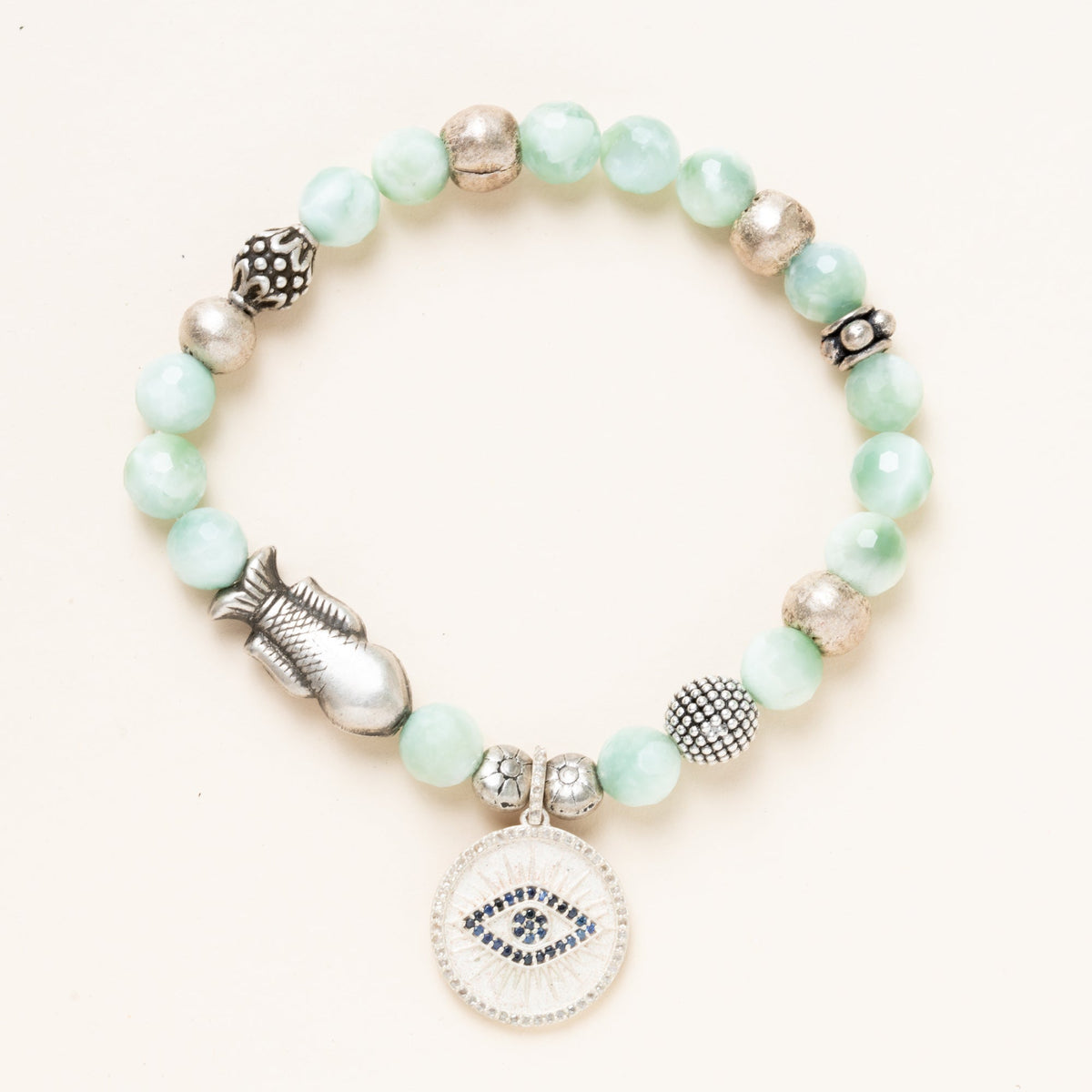 Brass, Green Angelite, Silver, Diamond & Sapphire Bracelet