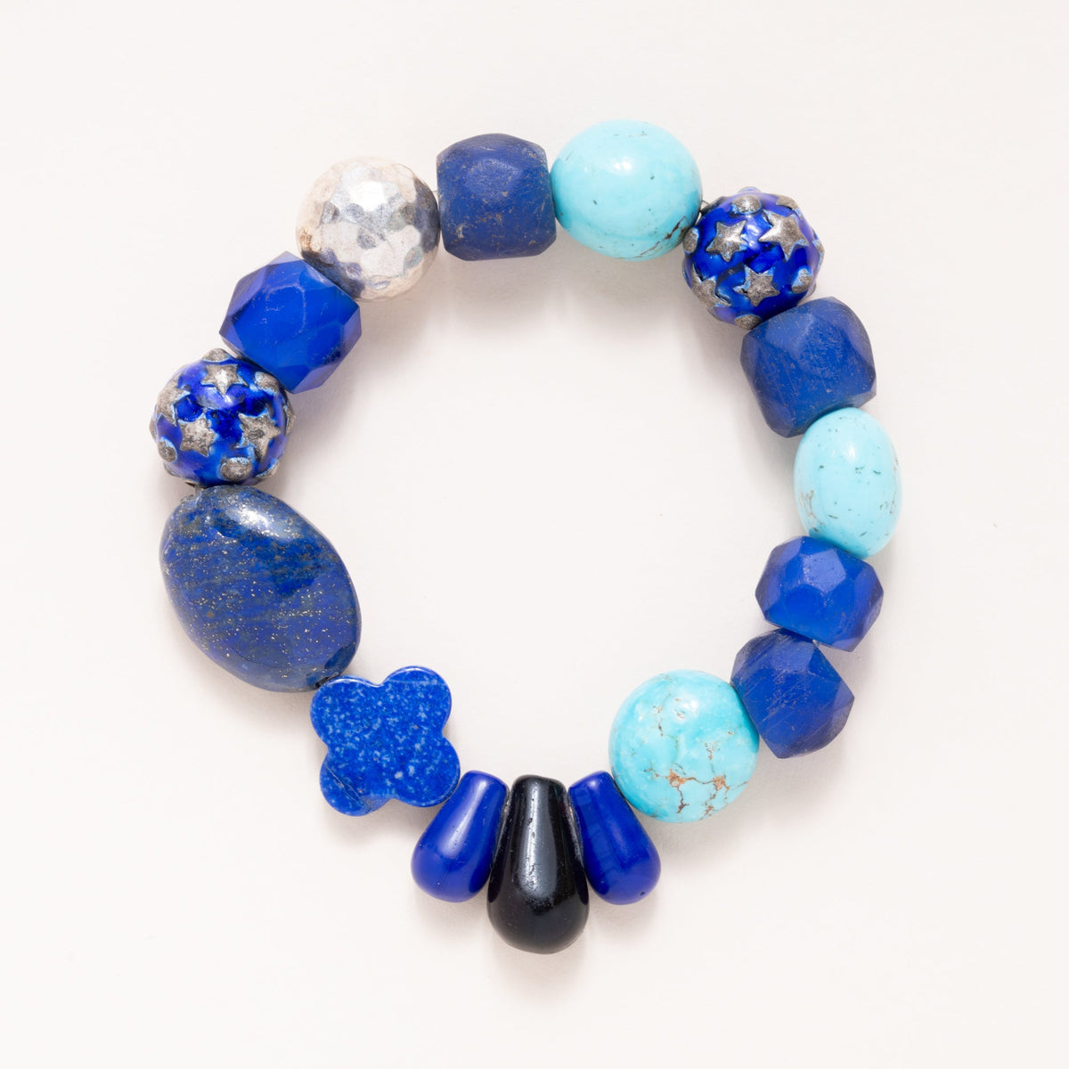 African Vintage Glass, Kingman Turquoise, Lapis, Hammered Silver & Enamel Bracelet