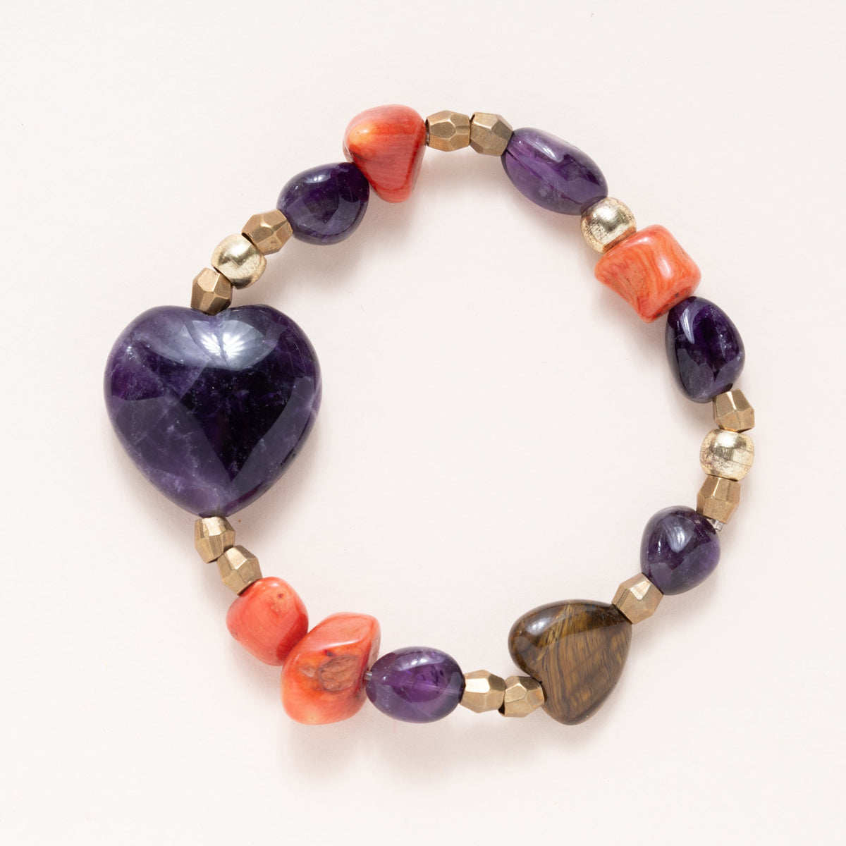 African Brass, Coral, Tiger Eye & Amethyst Bracelet