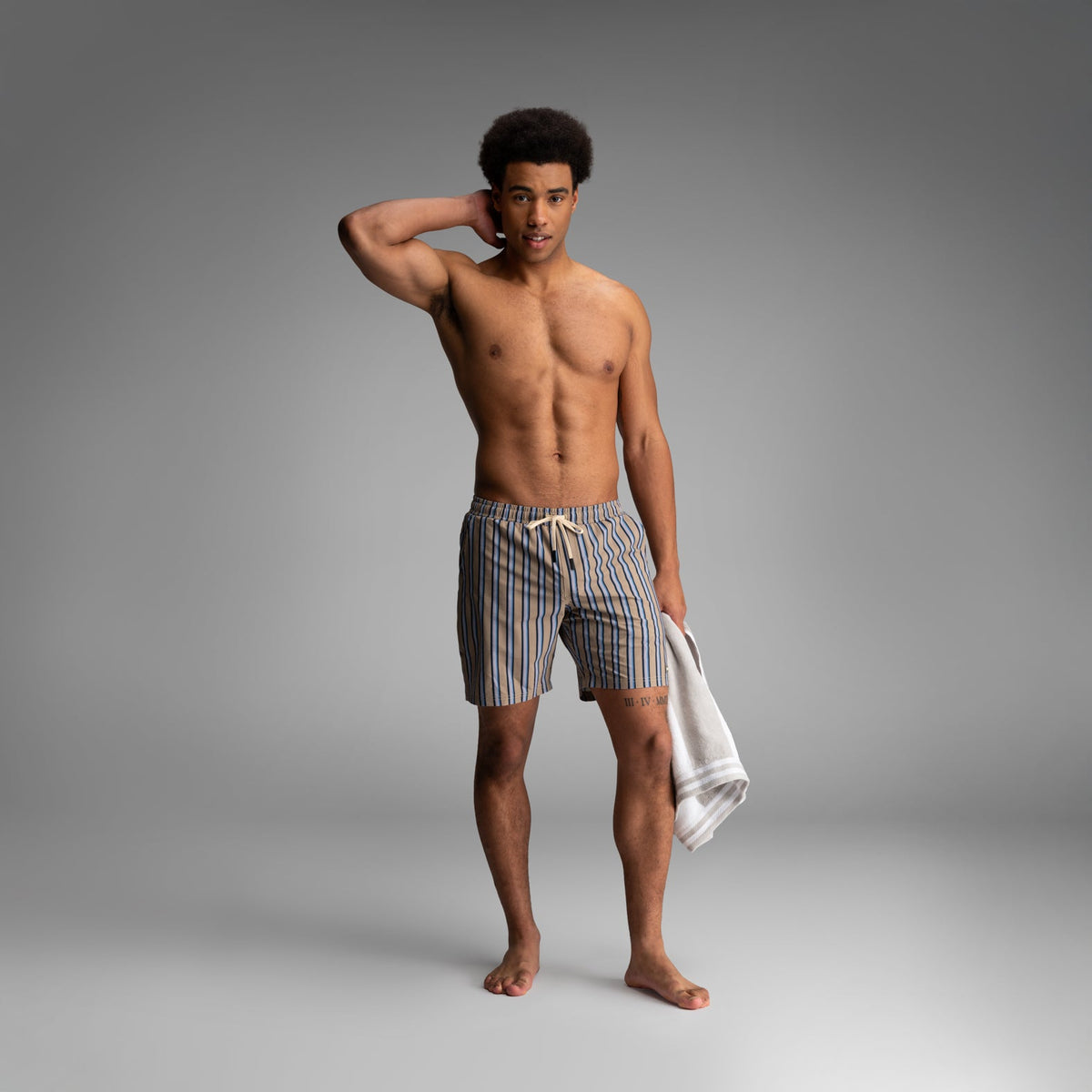 Wave 7" Swim Short 2N1: Menswear Stripe - Beige