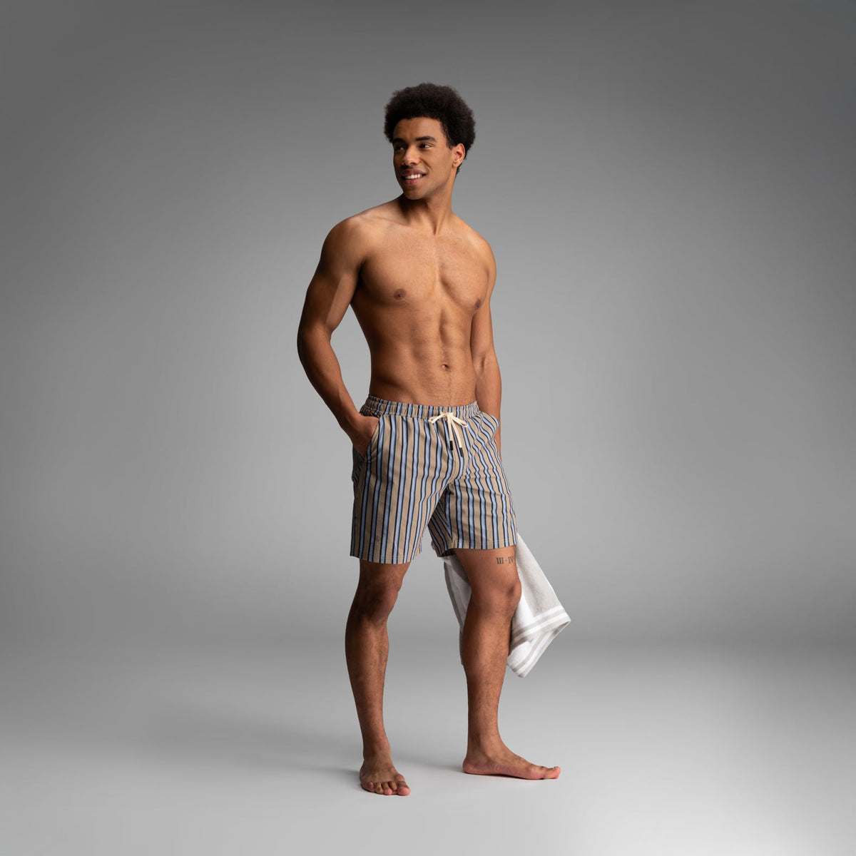 Wave 7" Swim Short 2N1: Menswear Stripe - Beige