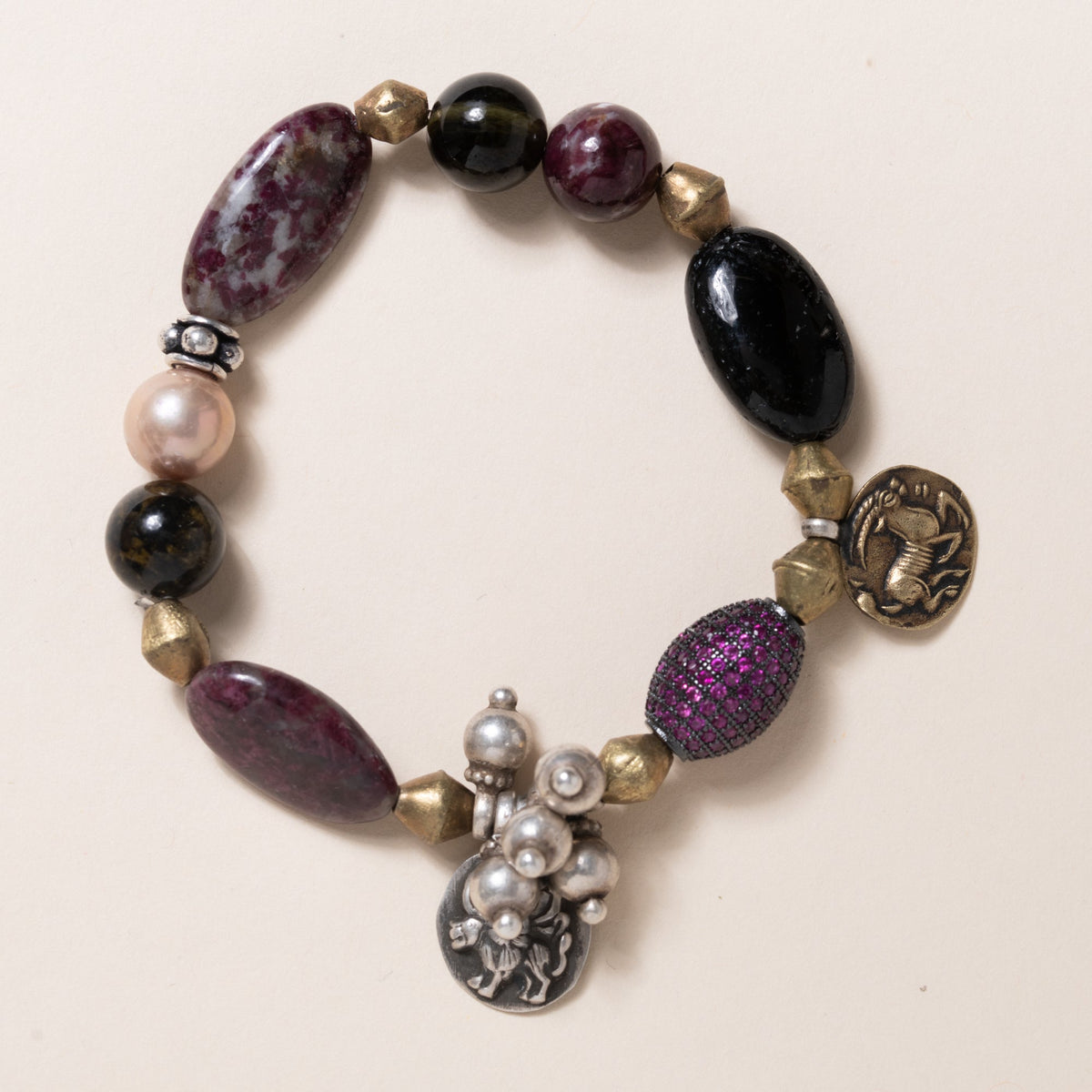 Tourmaline, Brass, Silver, Sapphire & Pearl