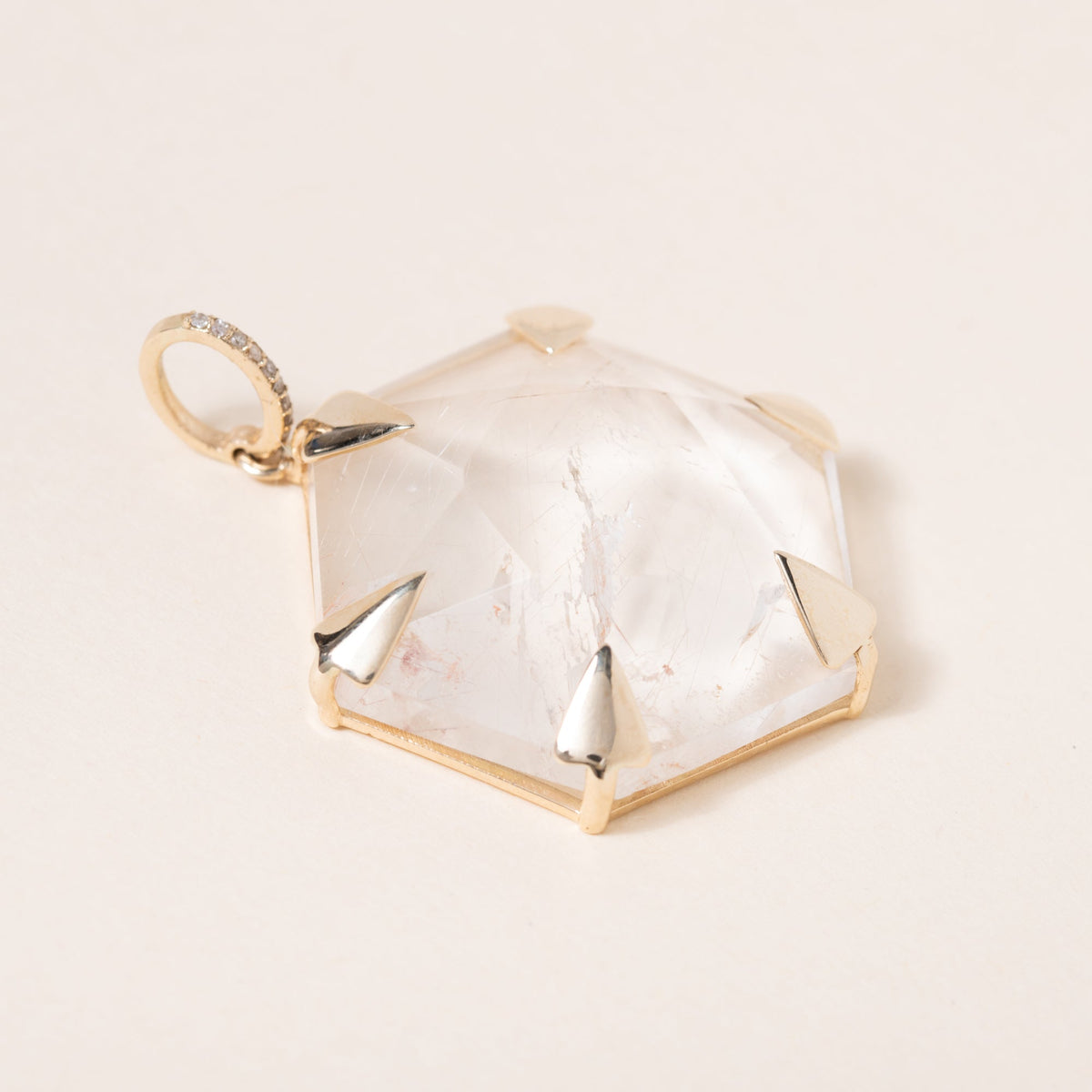 Quartz Crystal with Pave Diamonds, 14k Gold Pendant