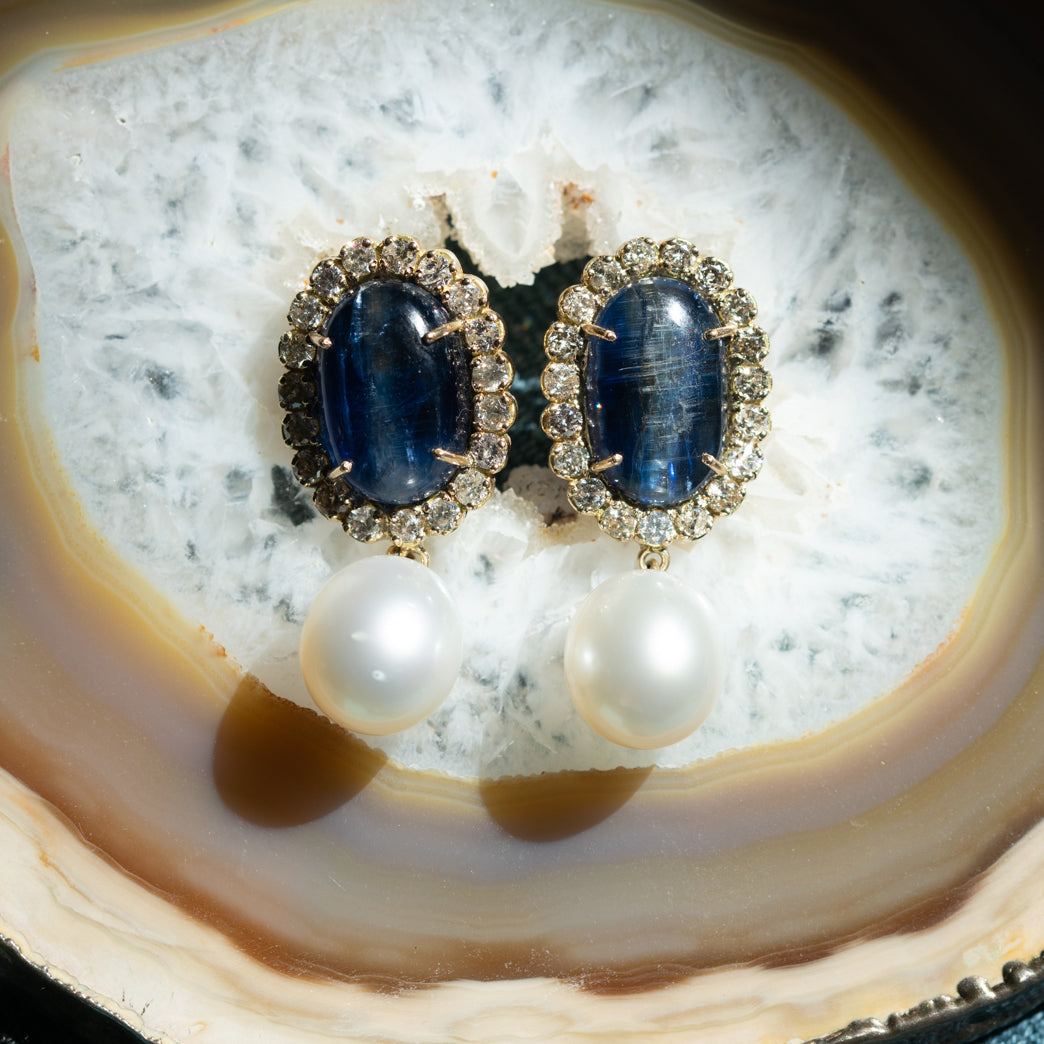 Kyanite and Precious Pearl Drop Earrings