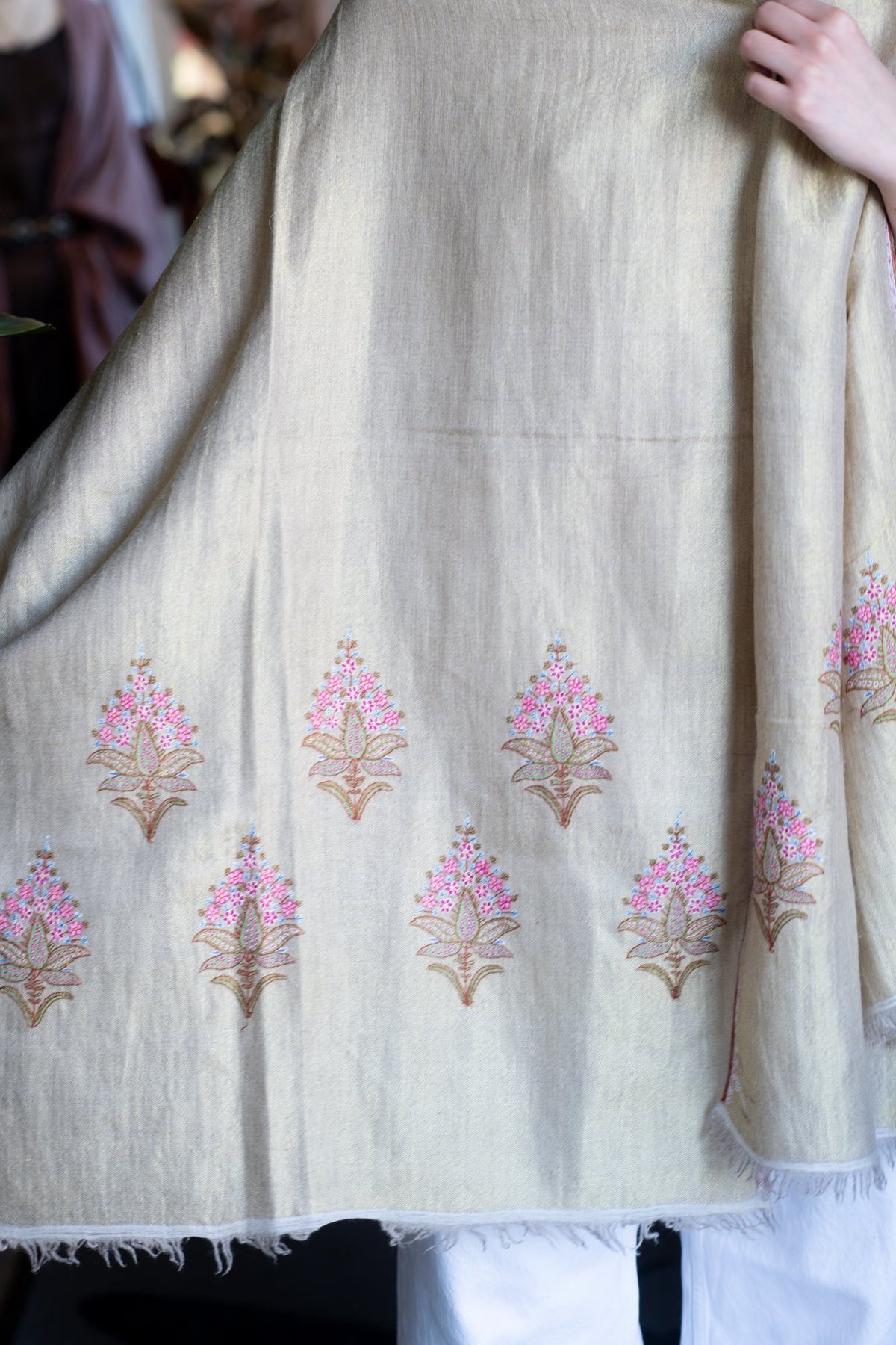 Hand Embroidered Pashmina with Flowers & Gold Thread
