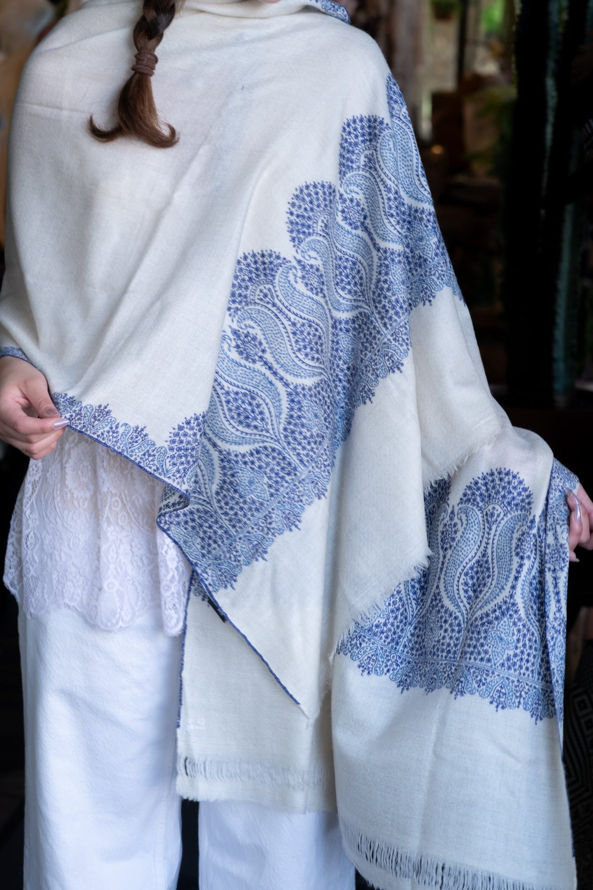 Hand Embroidered Pashmina with Blue Florals