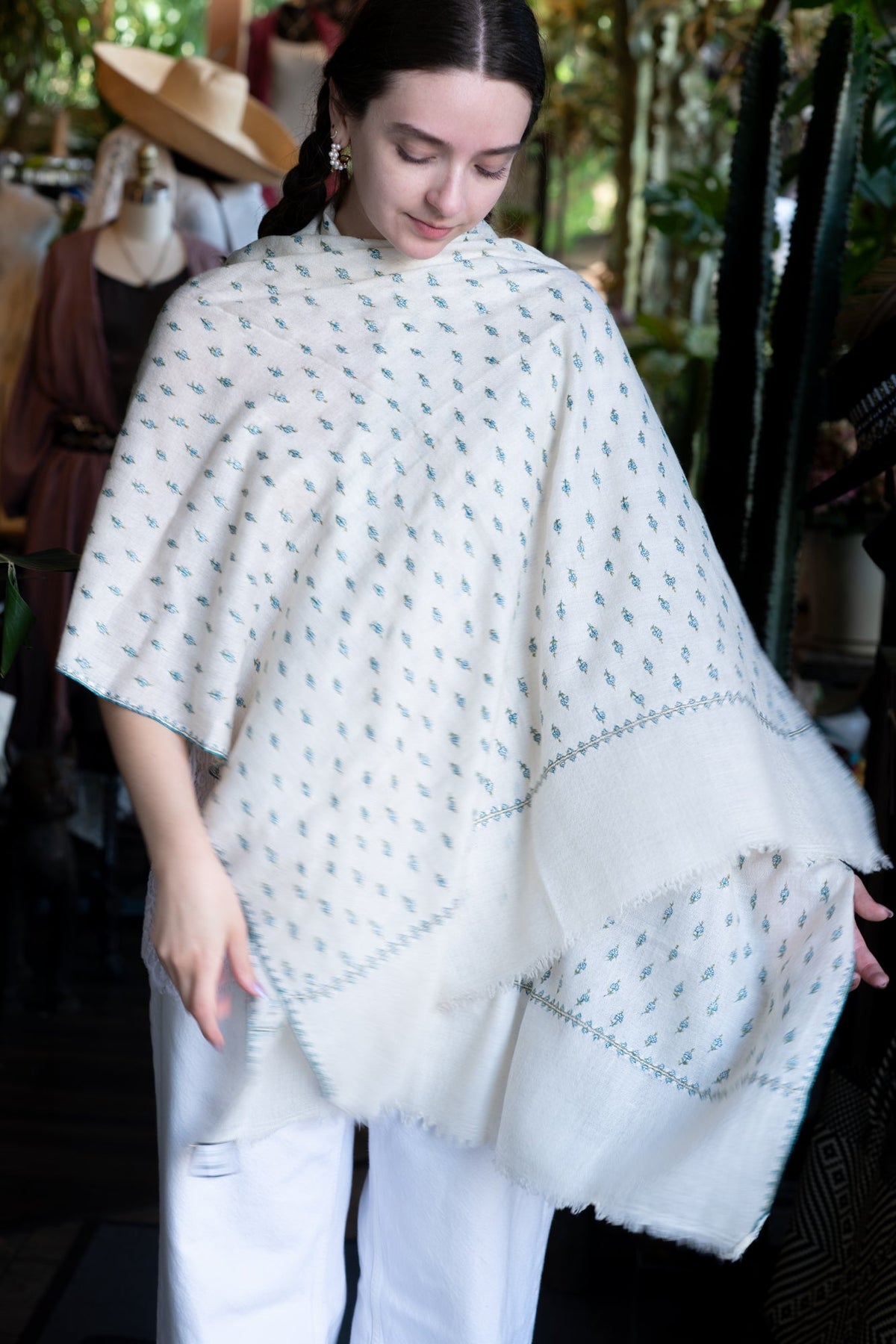 Hand Embroidered Pashmina with Small Blue Flowers