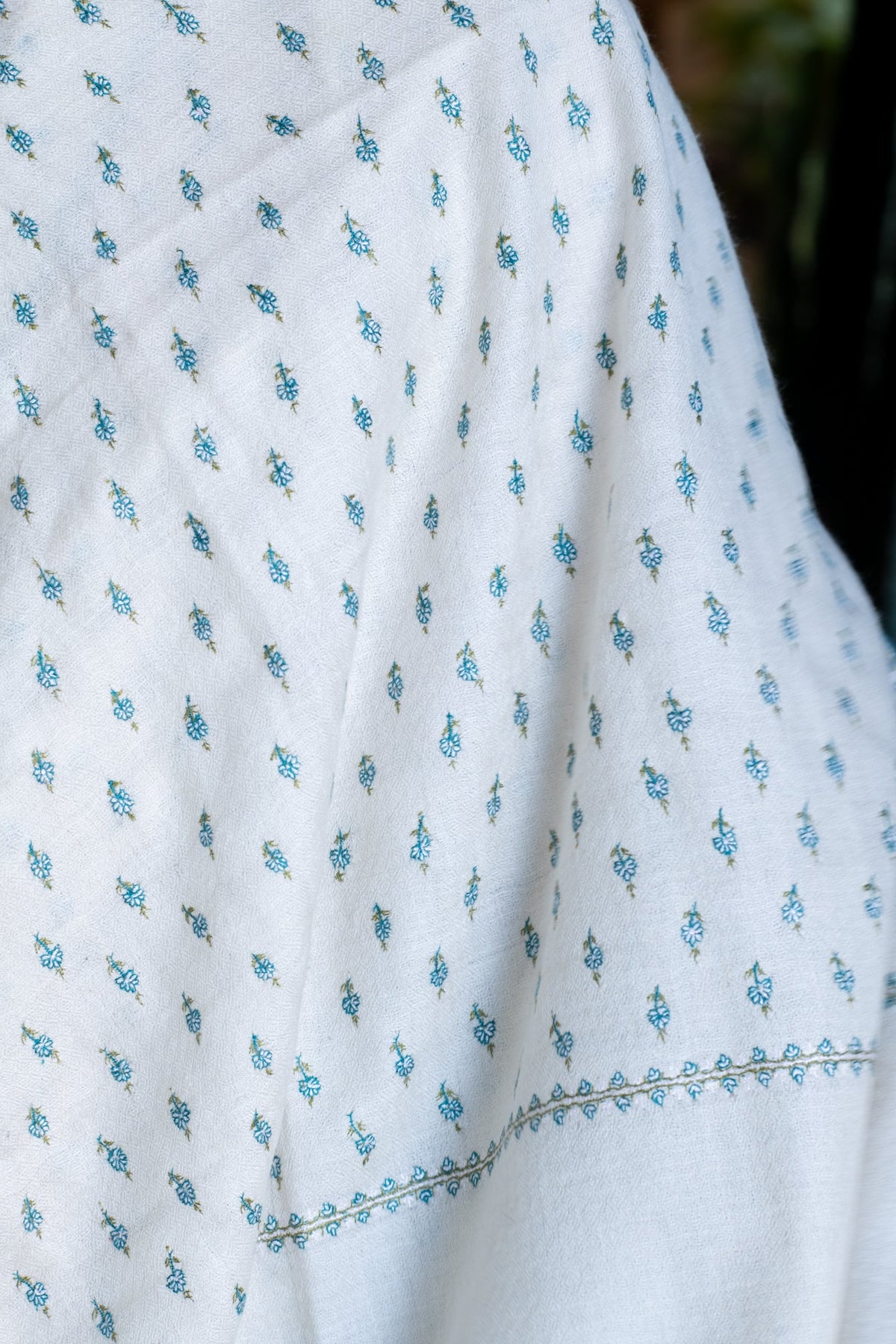 Hand Embroidered Pashmina with Small Blue Flowers