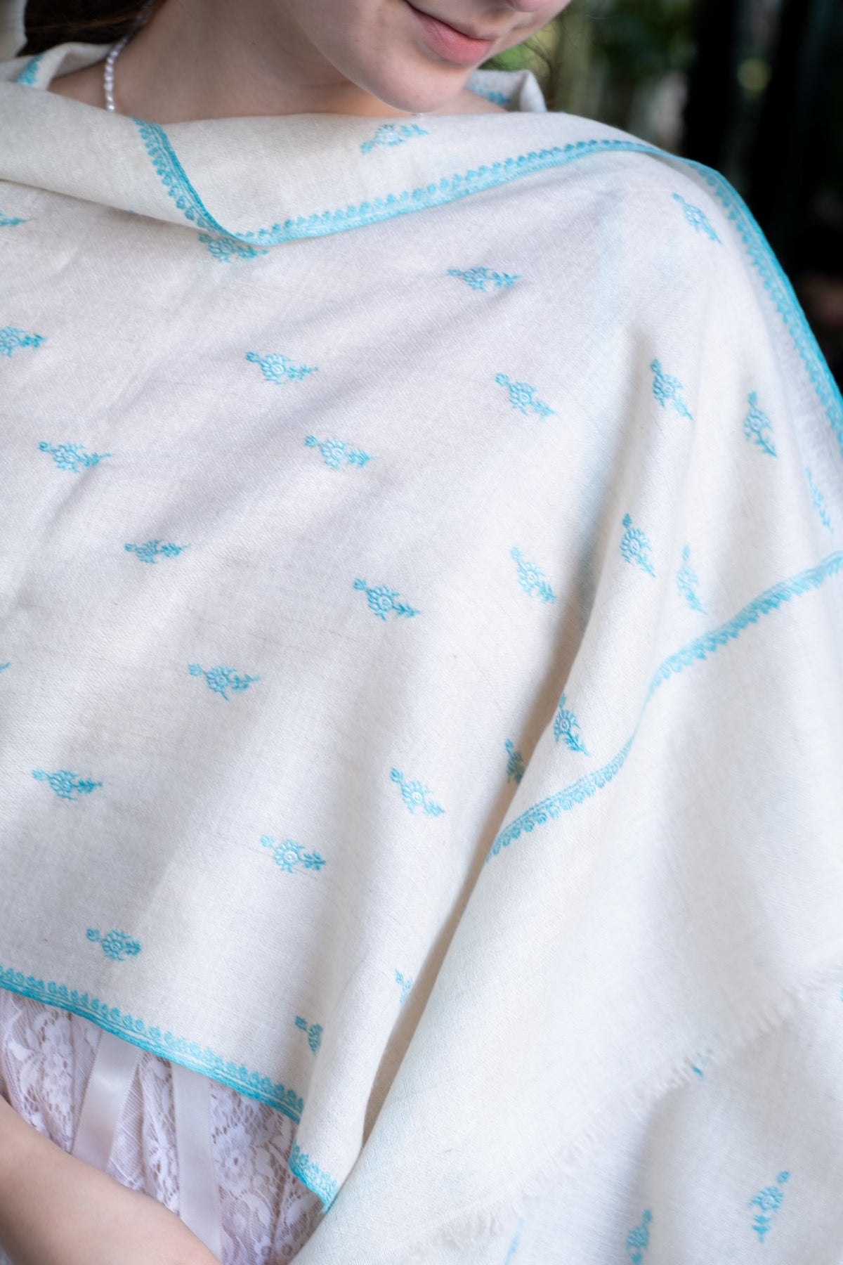 Hand Embroidered Pashmina with Turquoise Flowers