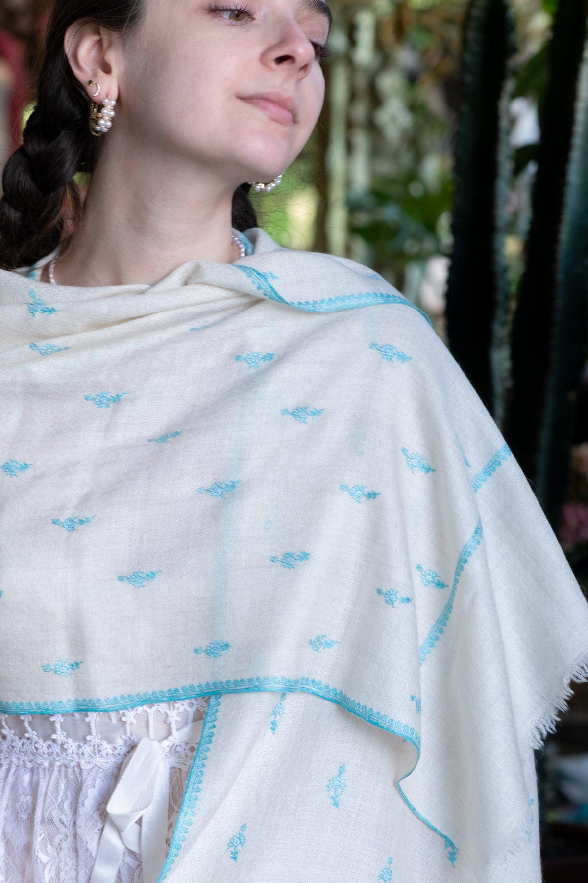 Hand Embroidered Pashmina with Turquoise Flowers