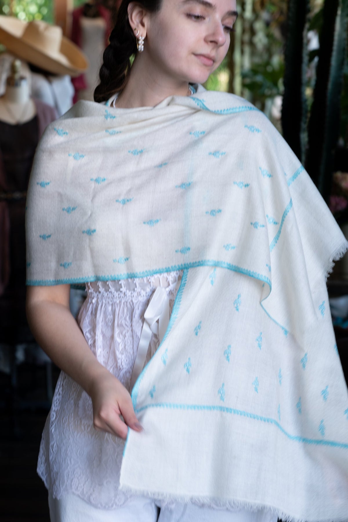 Hand Embroidered Pashmina with Turquoise Flowers