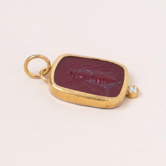 24k Gold Turkish Venetian Intaglio Pendant w/ Diamonds & Bee