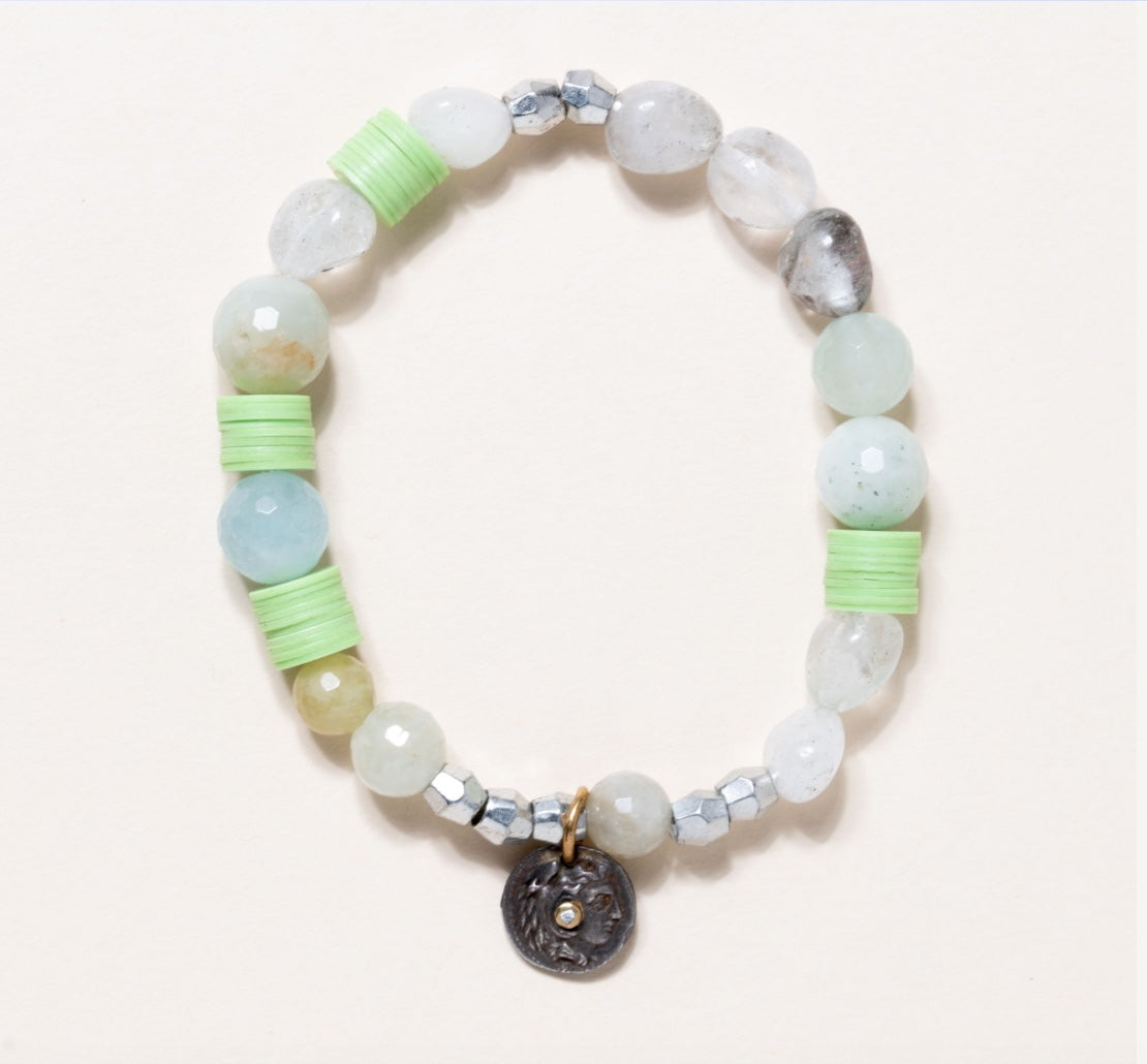 African Vinyl Disc, Phantom Quartz, Aquamarine, Brass with Turkish pendant in silver/Gold & Diamond