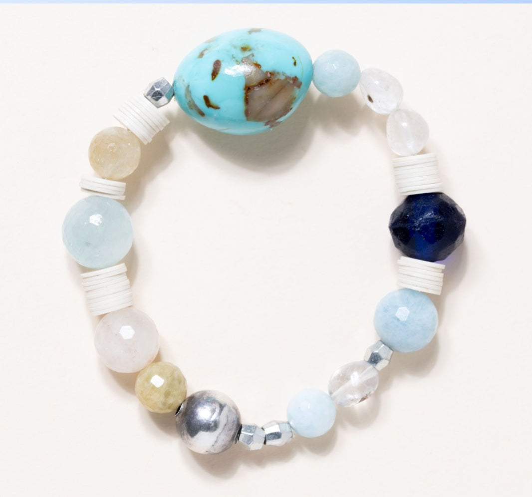 African Vinyl, Aquamarine, Mexican Silver, Kingman Turquoise Vintage African Trading Bead & Phantom Crystal