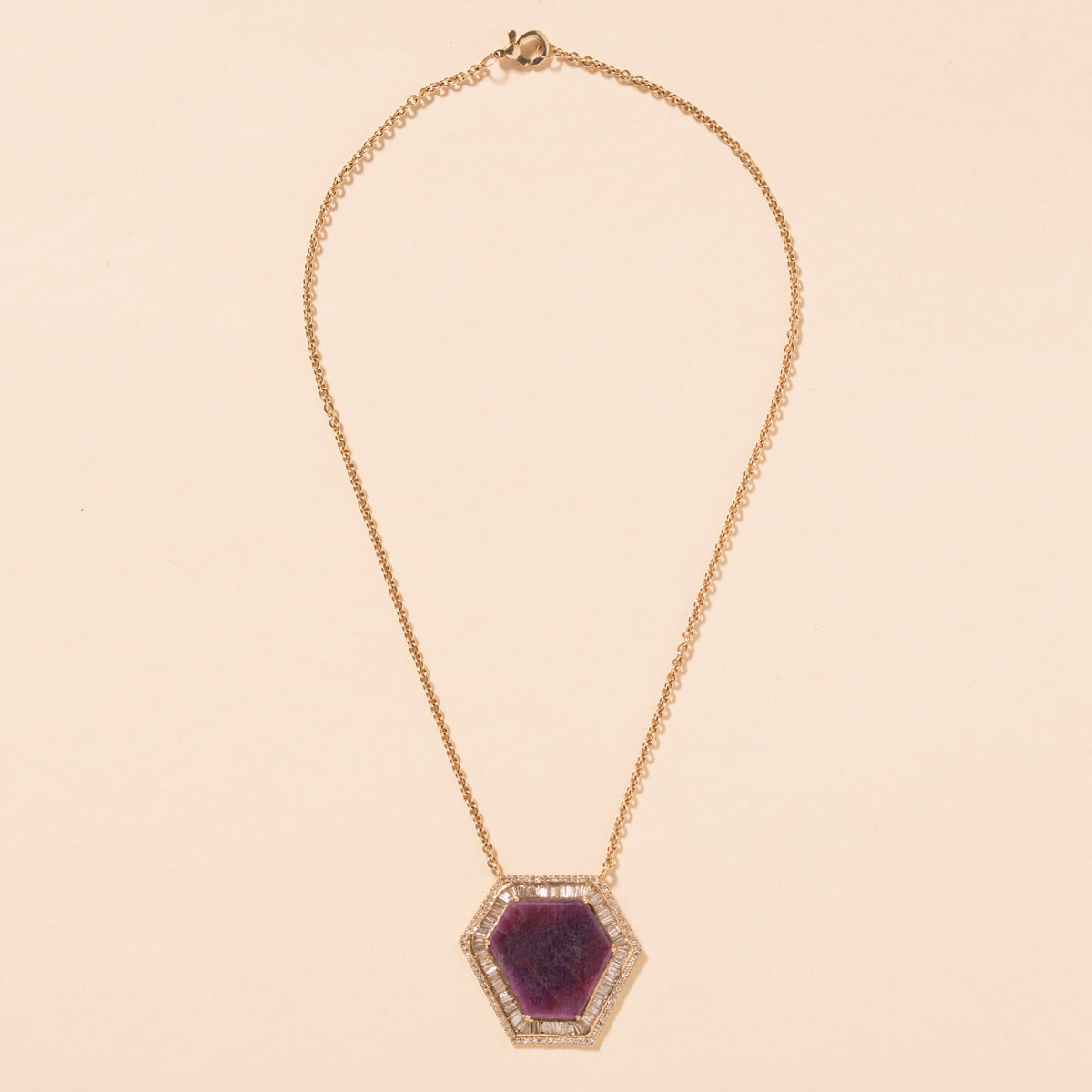 Raw Ruby Slice Baguette Diamond Halo Necklace