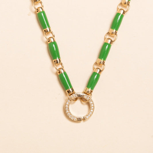 17'' Petite Gold and Green Enamel Link Necklace with Diamond Connector