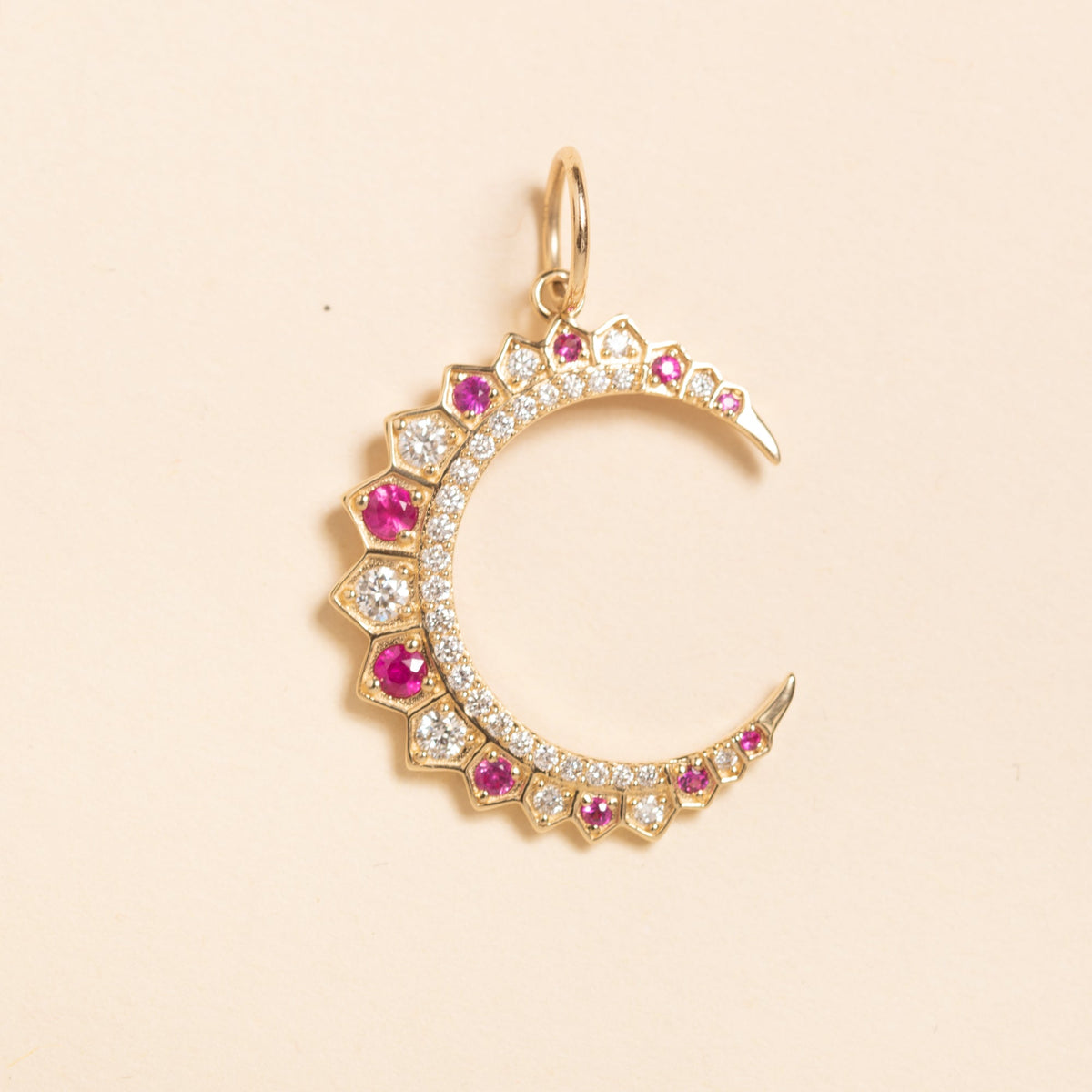 Gold Moon with Pink Sapphires and Diamonds Pendant
