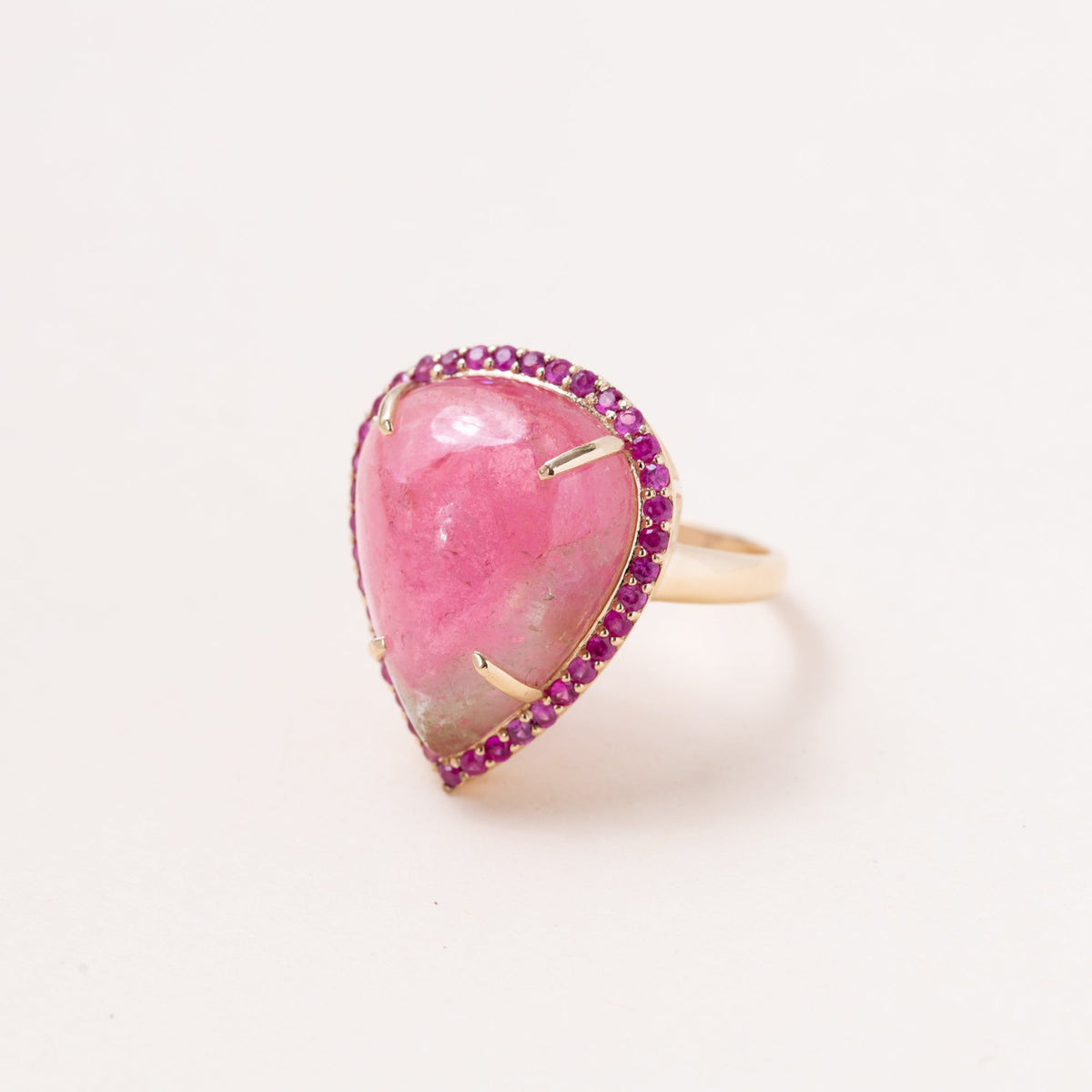 Pear Shape Watermelon Tourmaline Ring with Pave Pink Sapphire and 14k Gold