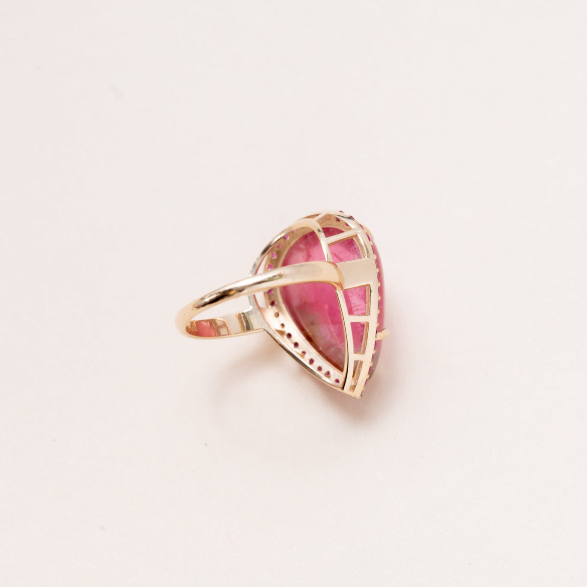 Pear Shape Watermelon Tourmaline Ring with Pave Pink Sapphire and 14k Gold