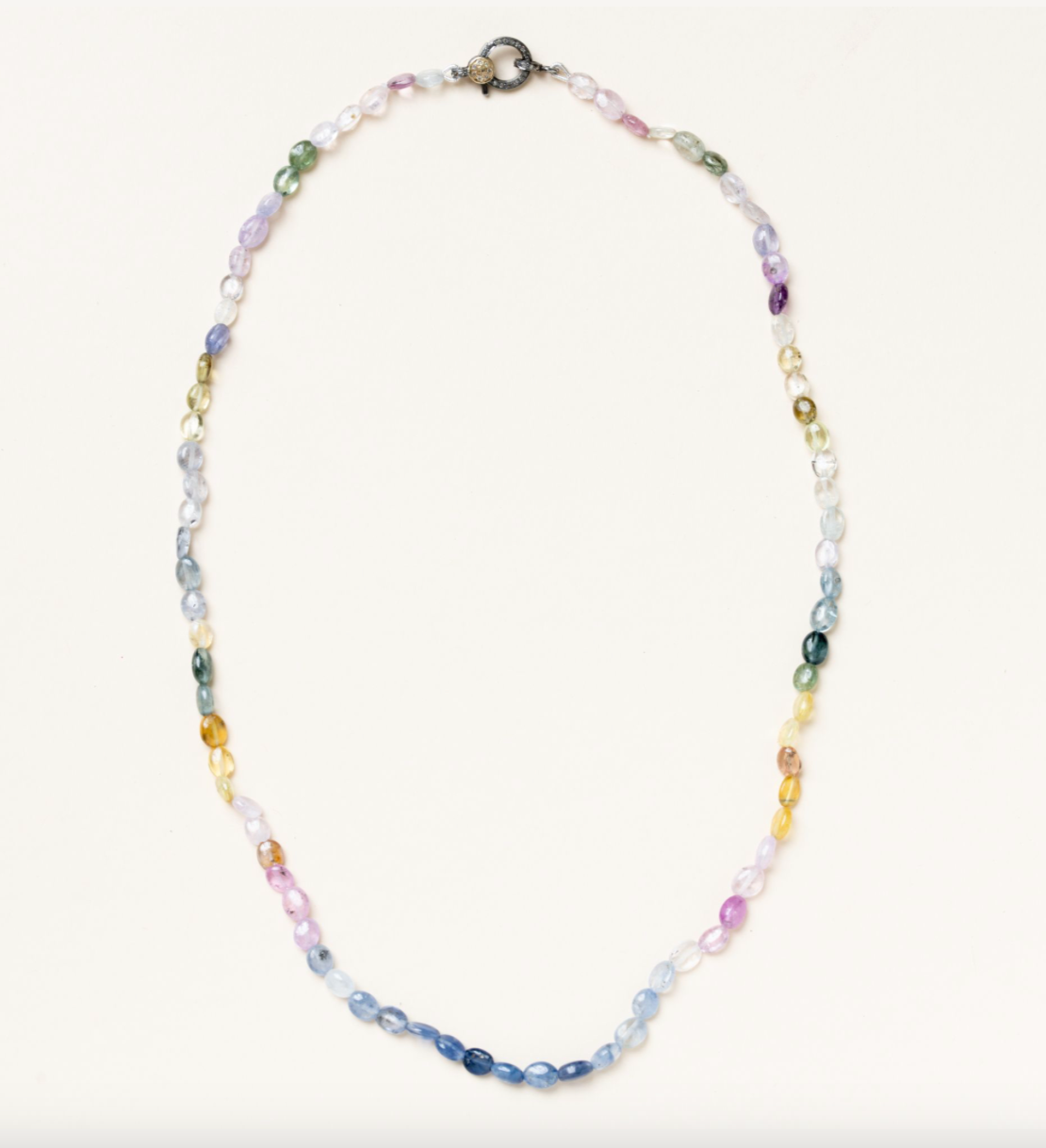 Multi Colored Soft Sapphire Necklace with Silver & 14K Gold Pave Diamond Clasp