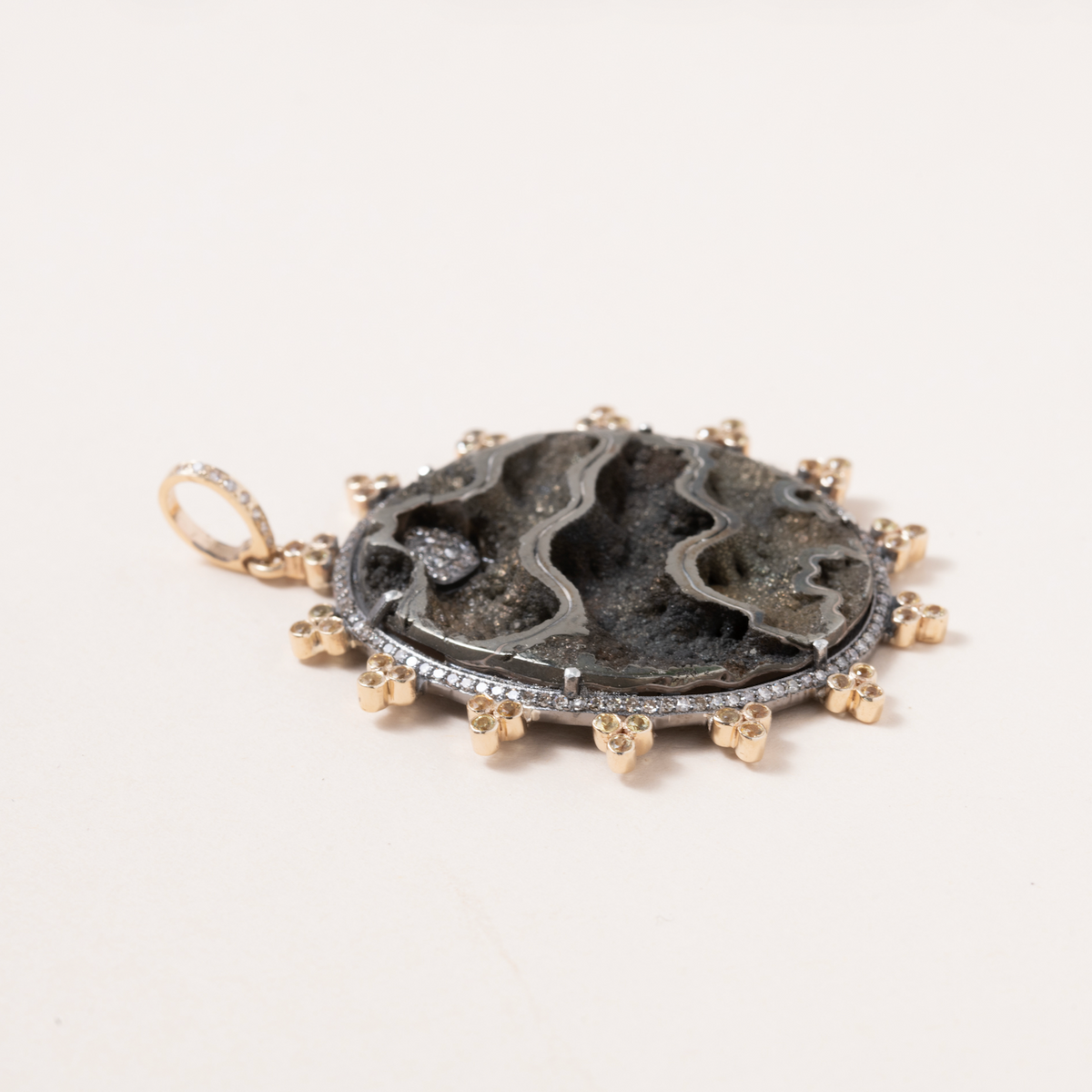 Pyritized Ammonite, 14K Gold, Silver, Pave Diamonds & Yellow Sapphires Pendant