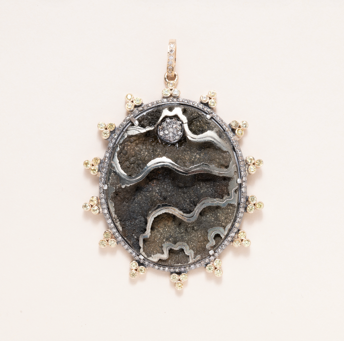 Pyritized Ammonite, 14K Gold, Silver, Pave Diamonds & Yellow Sapphires Pendant