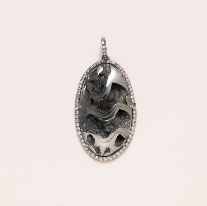 Pyritize Ammonite, Silver & Pave Diamond Pendant