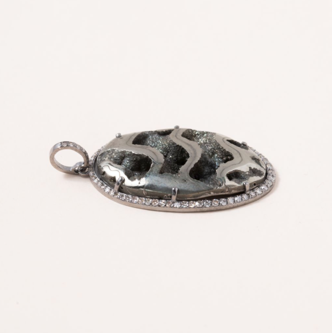 Pyritize Ammonite, Silver & Pave Diamond Pendant