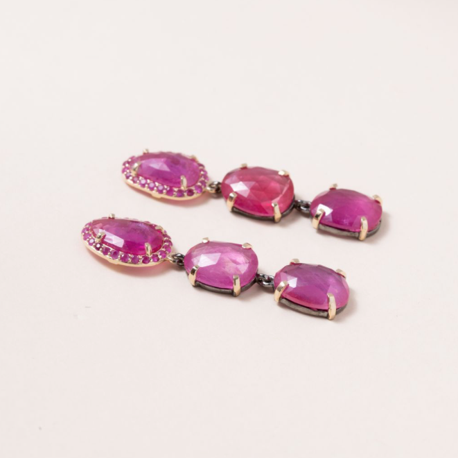 Ruby Drop Earrings, 14K Gold, Silver & Pink Sapphire Pave