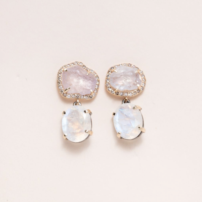Natural Sapphire, Moonstone, 14K Gold & Pave Diamond Drop Earrings