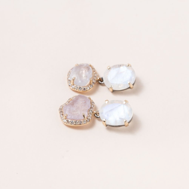 Natural Sapphire, Moonstone, 14K Gold & Pave Diamond Drop Earrings