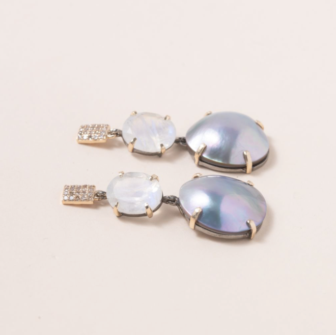 Mabe Pearl, Moonstone, 14K Gold & Pave Diamond Drop Earrings