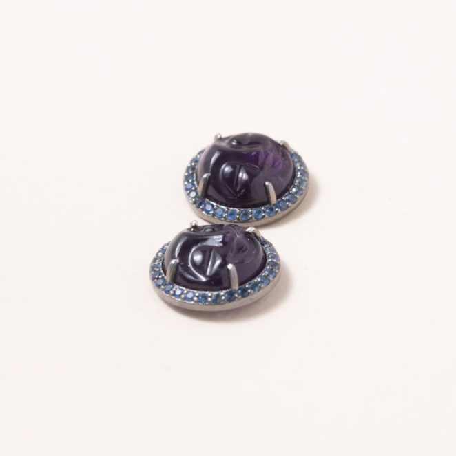Amethyst Moon Stud Earrings, Silver & Pave Sapphire