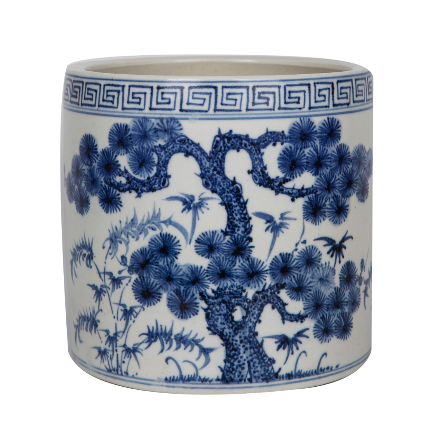 Blue And White Pine Tree Greek Key Cachepot