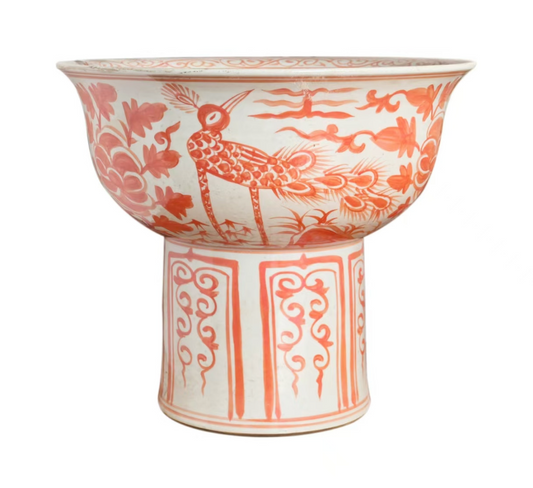 Yuan Coral Red And White Crane Mortif Serving Bowl Tall Base