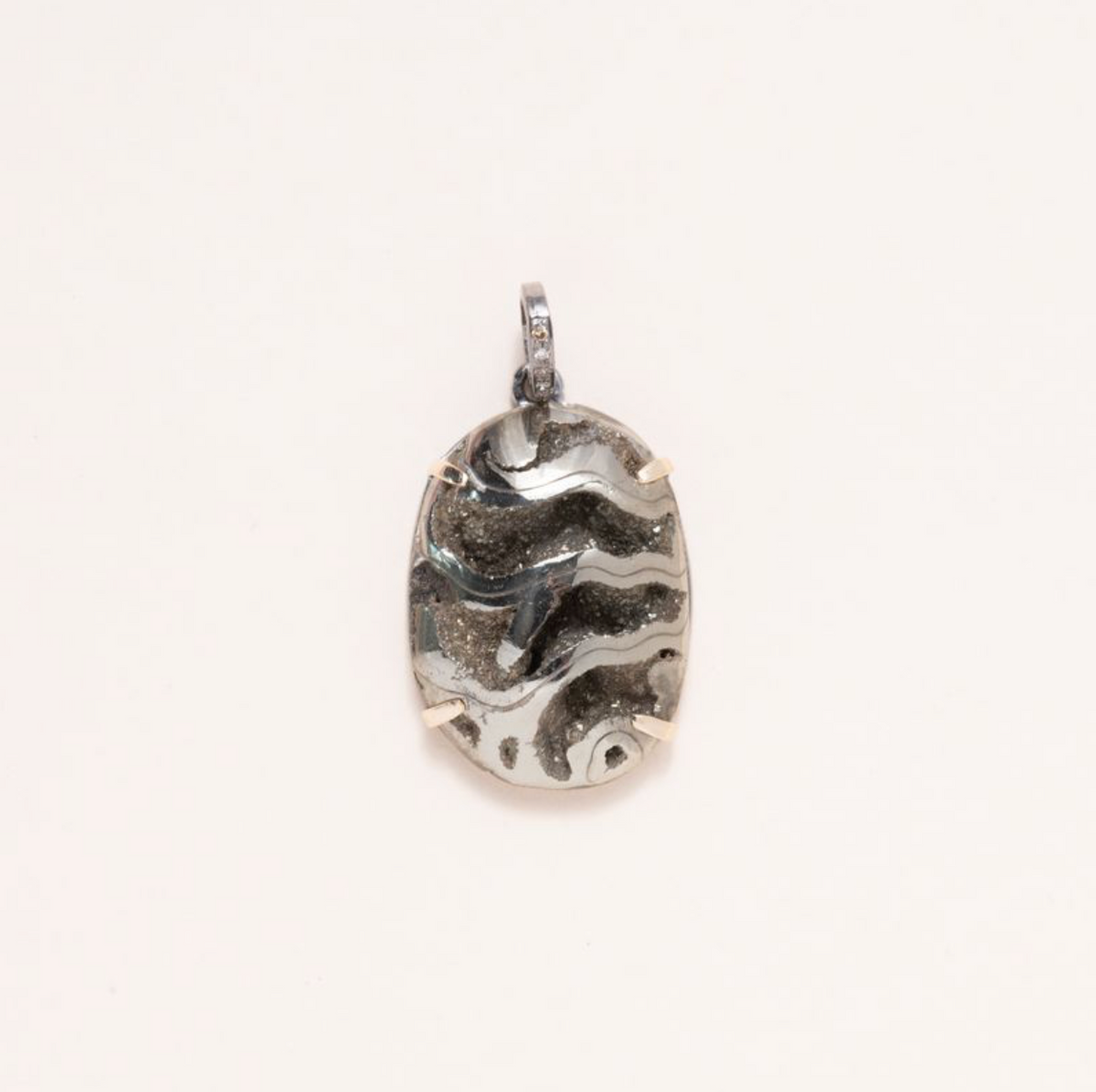 Pyritized Ammonite, 14K Gold Prongs, Silver and Pave Diamond Pendant