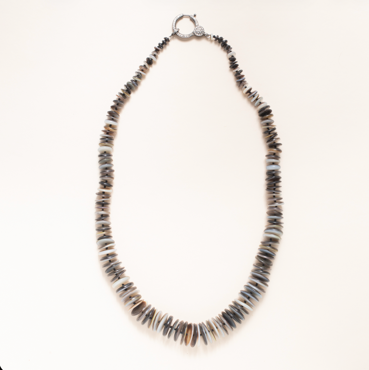 Hand Knotted Mother of Pearl Graduated Disk Bead Necklace with Silver and Pave Diamond Clasp