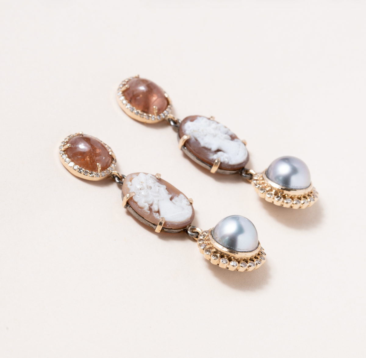 Limpia River Sapphire, Italian Shell Cameo, Tahitian Pearl, 14K Gold, and  Damond Pave Earrings