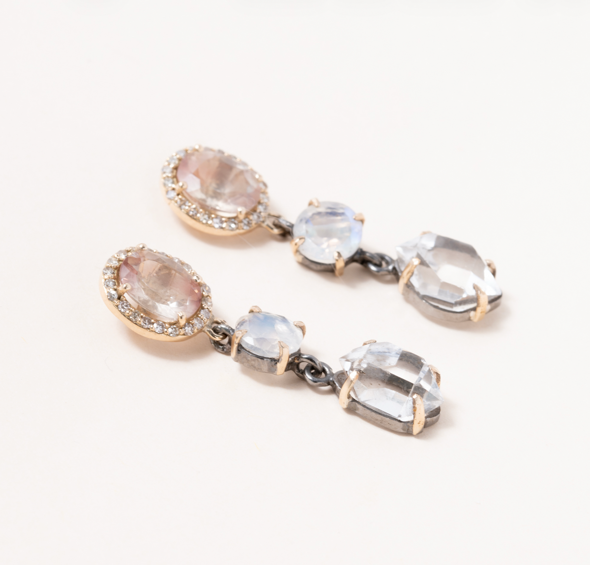 Sunstone, Moonstone, Herkimer Diamond, Silver, 14K Gold & Diamond Pave Earrings