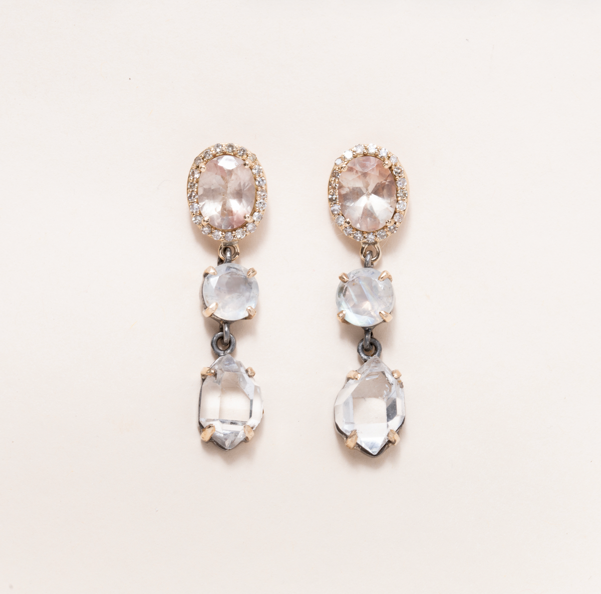 Sunstone, Moonstone, Herkimer Diamond, Silver, 14K Gold & Diamond Pave Earrings