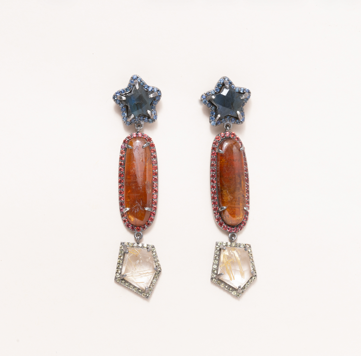 Limpia River Sapphire, Labradorite, Rutilated Quartz,Silver, Blue Sapphire Pave, Orange Sapphire Pave & Yellow Sapphire Pave Earrings
