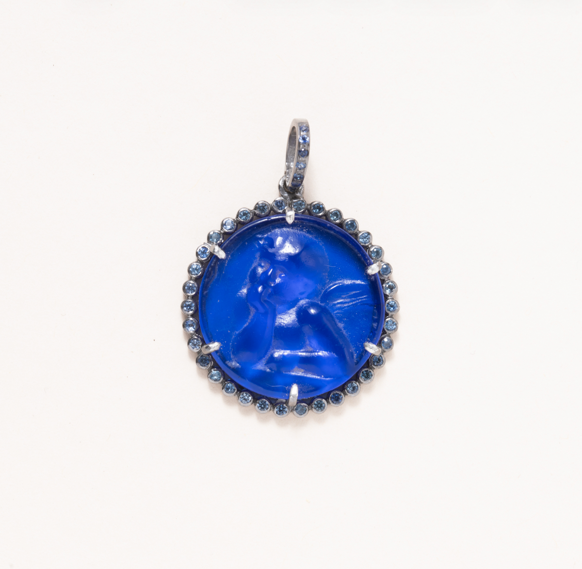 Venetian Glass Cherub, Silver & Sapphire pave Pendant