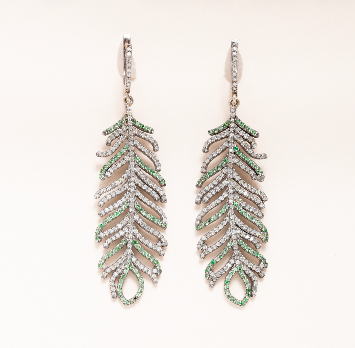 Diamond and Emerald Pave, Silver & 18K Gold Feather Earrings