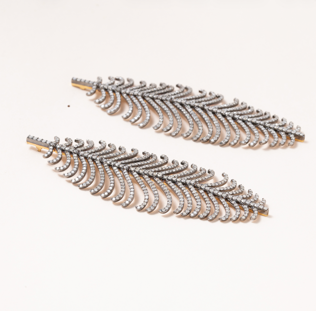 Diamond Pave, Silver & Gold Feather Earrings