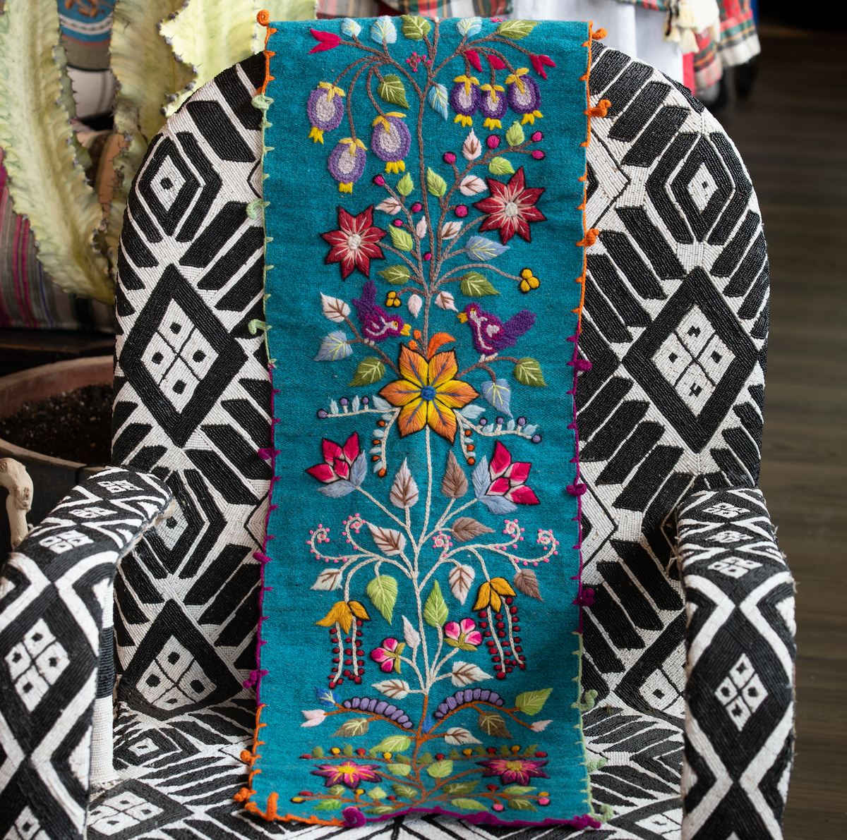 Hand Embroidered Turquoise Table Runner